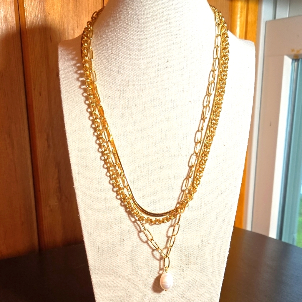 Talbots Multi-Chain Necklace With Freshwater Pearl Pendant